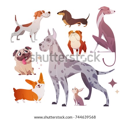 Cartoon dogs of different breeds and sizes. Funny beasts on a white background. The dog is a symbol of 2018. Vector illustration.