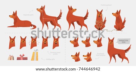 Set for creating a dog animation of emotions. Different body postures separately paws, snout, tail. Front view, side view. Elements for the animation of the character of the dog.