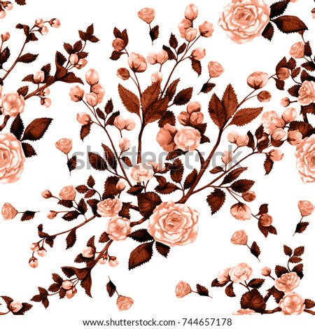 seamless monochrome watercolor pattern from flowering branches of a rose bushes