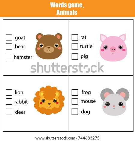 Words test educational game for children. Animals theme, learning vocabulary. Choose the correct answer task