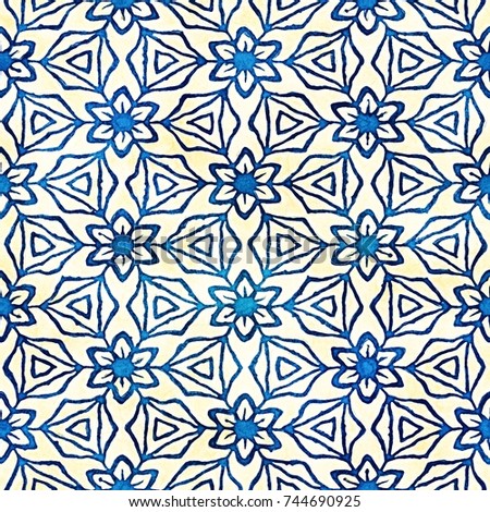 Native batik watercolor artistic blue and white pattern with flowers or snowflakes. Ethnic boho style. Seamless hand drawn tribal square texture