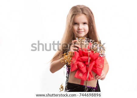 picture of beautiful girl with gift box isolated on white background. christmas concept