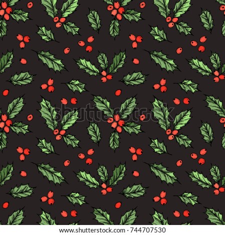 Hand drawn vector seamless pattern - Holly jolly. Christmas wrapping paper. Holiday illustrations. Perfect for invitations, fabric, prints, flyers, posters etc