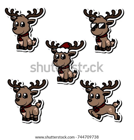 Hand-drawn stickers with cute reindeer for children.
