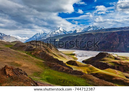 Himalayan landscape near Chandra Tal lake. Spiti Valley, Himachal Pradesh, India Royalty-Free Stock Photo #744712387