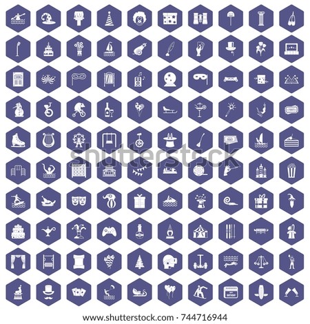 100 amusement icons set in purple hexagon isolated  illustration
