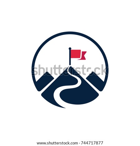 Red flag on mountain top, simple vector logo. Path to achieving goals, success concept. Isolated icon symbol.