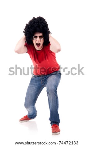 picture of a casual man with big black wig and sunglasses screaming