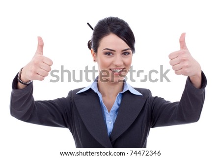 attractive young woman gesturing thumbs up sign with both hands on a white background