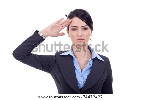 Attractive business woman saluting over white background