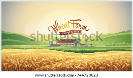 Summer rural landscape, dawn above hills with wheat field and farm. Vector illustration.  Royalty-Free Stock Photo #744728023