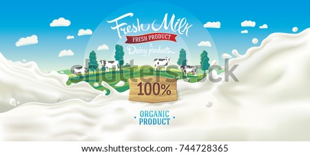 Scenery background with elements of landscape, and splashes from milk, with the inscription and decorative design elements. Royalty-Free Stock Photo #744728365