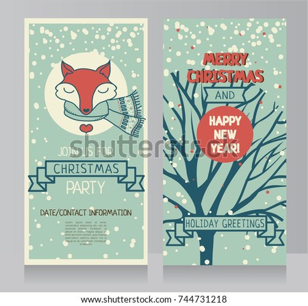 greeting cards for winter holidays with cute lovely fox, vector illustration