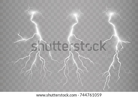 Set of lightnings. Thunder-storm and lightnings. Magic and bright lighting effects. Vector Illustration Royalty-Free Stock Photo #744761059