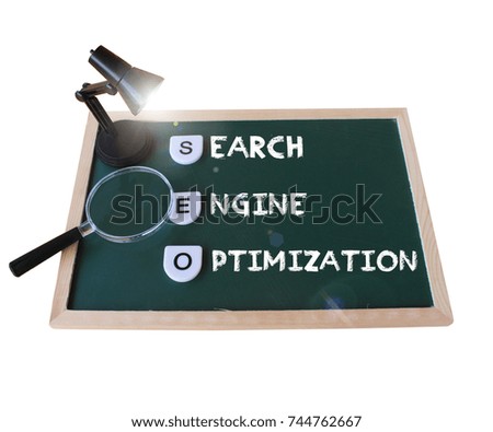 Seo concept blackboard write Text message about technique Search engine optimization Marketing Online with background White.