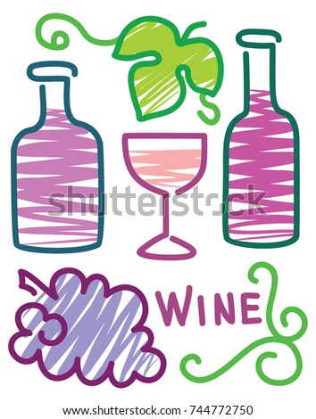Sketchy, hand drawn wine bottle, wine glasses, grapes, and decorative vine scrolls