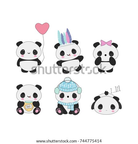 Set of 6 cute kawaii panda bears with funny faces, good for stickers, patches, etc. Royalty-Free Stock Photo #744775414