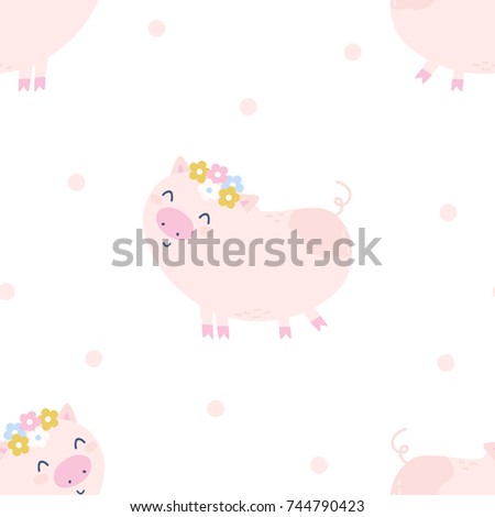 Seamless vector cute pink pig pattern
