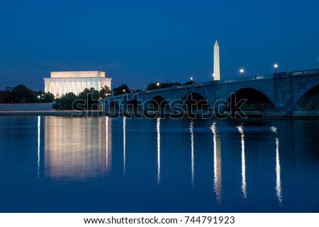 Lincoln Memorial and Washington Monument Reflected in the Potomac River at Night