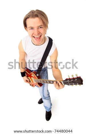 Young boy with electrical guitar isolated on a over white background