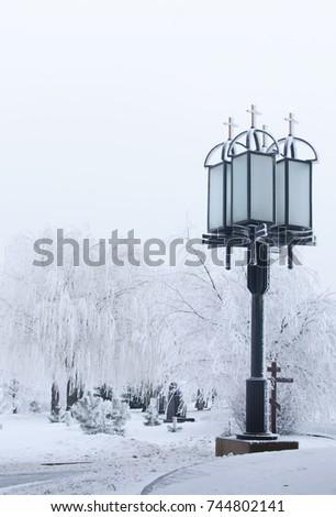 Street lamp in the winter snowy street