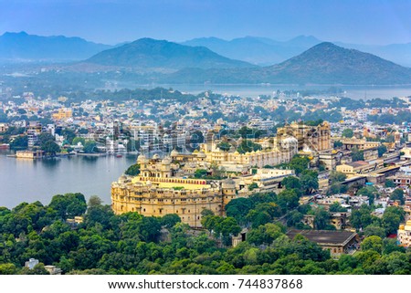 Aerial view of City Palace. Udaipur, Rajasthan, India Royalty-Free Stock Photo #744837868