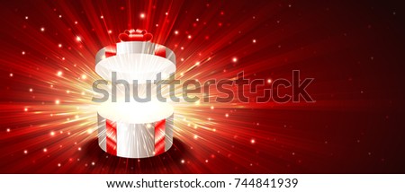Open gift box with exploding firework of glitters on light rays. Greeting card for Christmas, New Year, Birthday. Vector background banner of postcard illustration. Flyer leaflet proportion 8.5x3.66