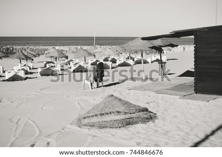 Straw umbrella on relaxing sea beach. Tropical sunny outdoors background.