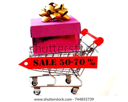 Shopping cart with pink gift box on white background , Discount concept.