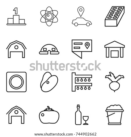 thin line icon set : pedestal, atom, car pointer, brick, barn, dome house, location details, warehouse, ring button, beans, watering, beet, tomato, wine, foam bucket