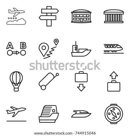 thin line icon set : weather management, singlepost, airport building, route a to b, sea shipping, train, air ballon, suitcase, baggage get, departure, cruise ship, yacht, compass