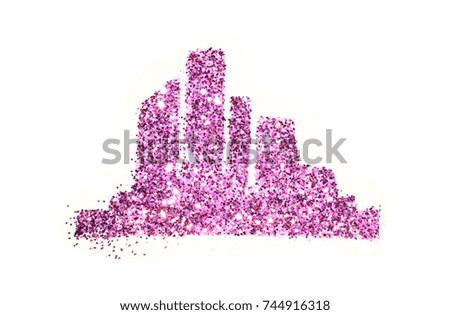 Silhouette of city of purple glitter, cityscape on white background