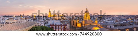 Aerial  panorama view of seville city skyline at dusk,Spain