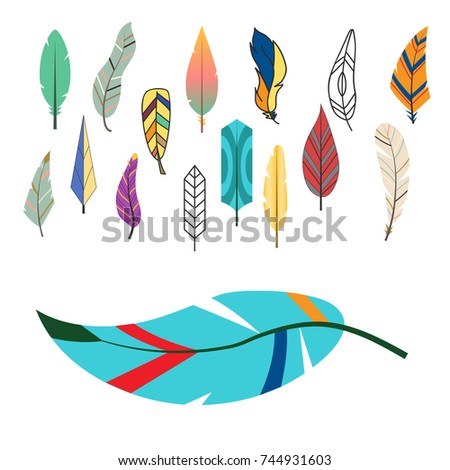 Tribal flat feather different style bird vintage colorful ethnic hand drawn element decorative drawing nature quill painting vector illustration.