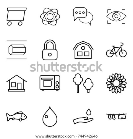 thin line icon set : delivery, atom, discussion, eye identity, nano tube, lock, house, bike, home, grill oven, trees, flower, fish, drop, hand and, drying clothe
