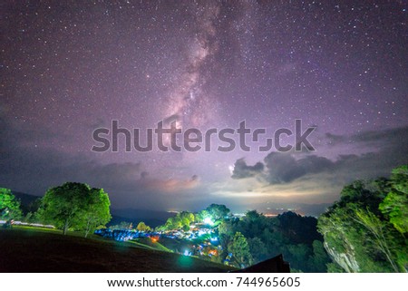 Landscape of milky way and star on dark sky at Pha Hua Singha at Doi Samer Daw, Night photography of milky way in Sri Nan national park, Nan Province, Thailand.