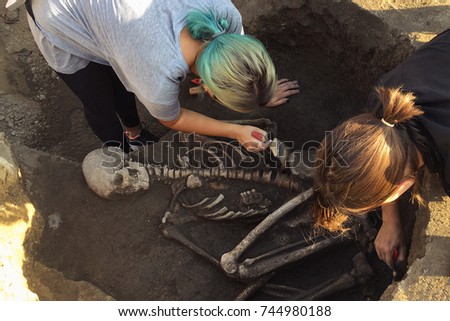 Archaeological excavations.  archaeologist with tools conducts research on human burial, skeleton, skull. Royalty-Free Stock Photo #744980188