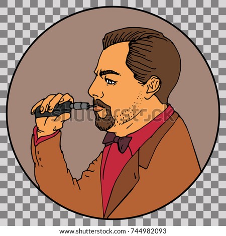 Vaping gentleman with an electronic cigarette. Hand drawn vector illustration. Transparent background