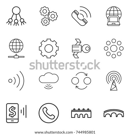 thin line icon set : share, gear, call, notebook globe, connect, satellite, round around, wireless, cloud, quantum bond, antenna, mobile pay, phone, bridge