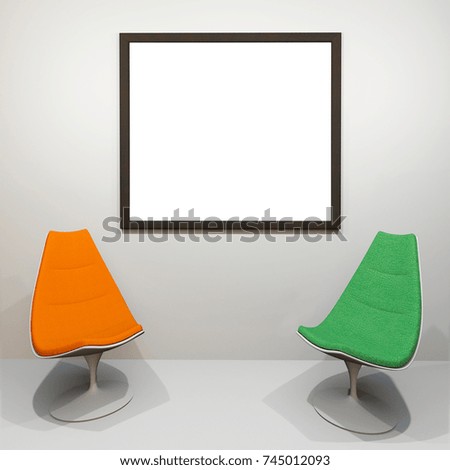 Blank picture frame next to two modern armchairs