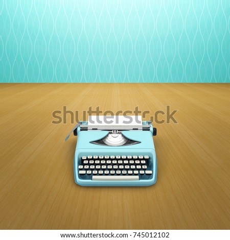 Aqua typewriter on brown wooden floor