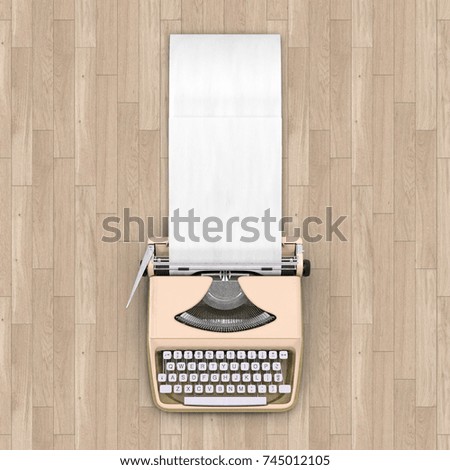 3d illustration rendering of beige typewriter on brown wooden parquet floor background