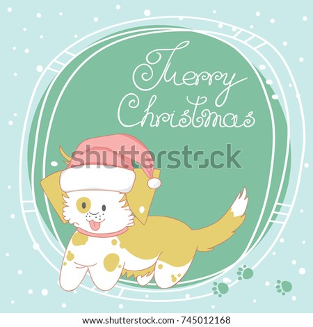 Christmas greeting card. Funny dog wearing santa's hat.
