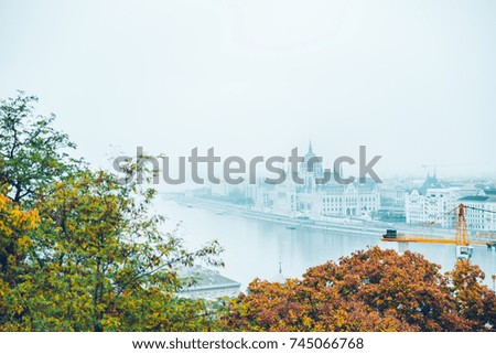 panoramic view of the old european city in the morning fog