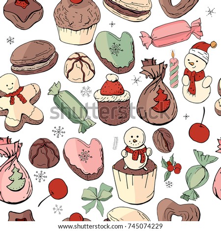 Seamless pattern with christmas pastry. Endless texture for festive design, restaurant and cafe menu, decoration. 