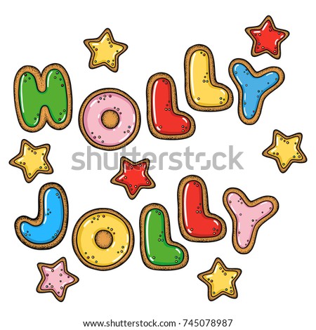 Hand drawn vector doodle gingerbread holly jolly greeting card isolated on white background