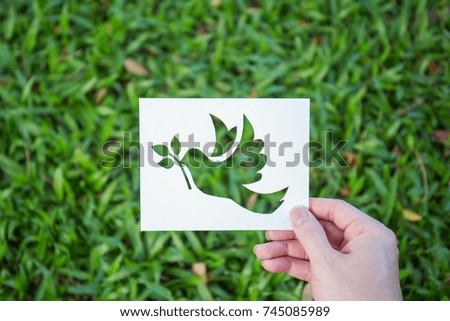 Cut paper with the logo of bird ( pigeon, dove ) over green grass. Peace sign and symbol background banner template of peace concept