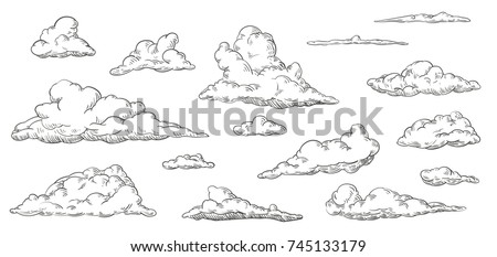 Set of clouds in hand drawn vintage retro style isolated on white background. Cartoon design elements. Vector illustration. Royalty-Free Stock Photo #745133179