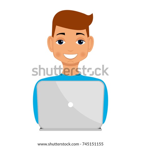 A set of young men with brown hair at the computer, laptop, who experience emotions: Smile, joy, laughter. The manager is at work. Office employee. Vector.