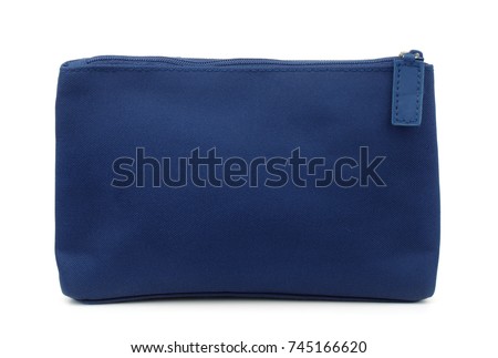 Side view of blue toiletry bag isolated on white Royalty-Free Stock Photo #745166620